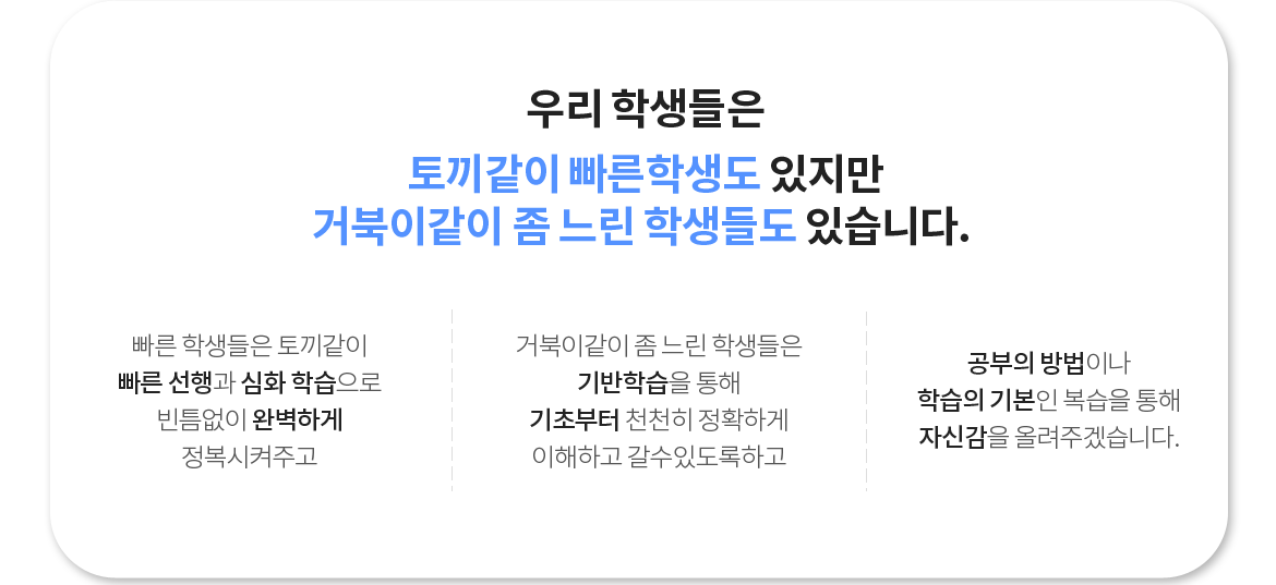 우리 학생들은 토끼같이 빠른학생도 있지만 거북이같이 좀 느린 학생들도 있습니다. 빠른 학생들은 토끼같이 빠른 선행과 심화 학습으로 빈틈없이 완벽하게 정복시켜주고 거북이같이 좀 느린 학생들은 기반학습을 통해 기초부터 천천히 정확하게 이해하고 갈수있도록하고 공부의 방법이나 학습의 기본인 복습을 통해 자신감을 올려주겠습니다.